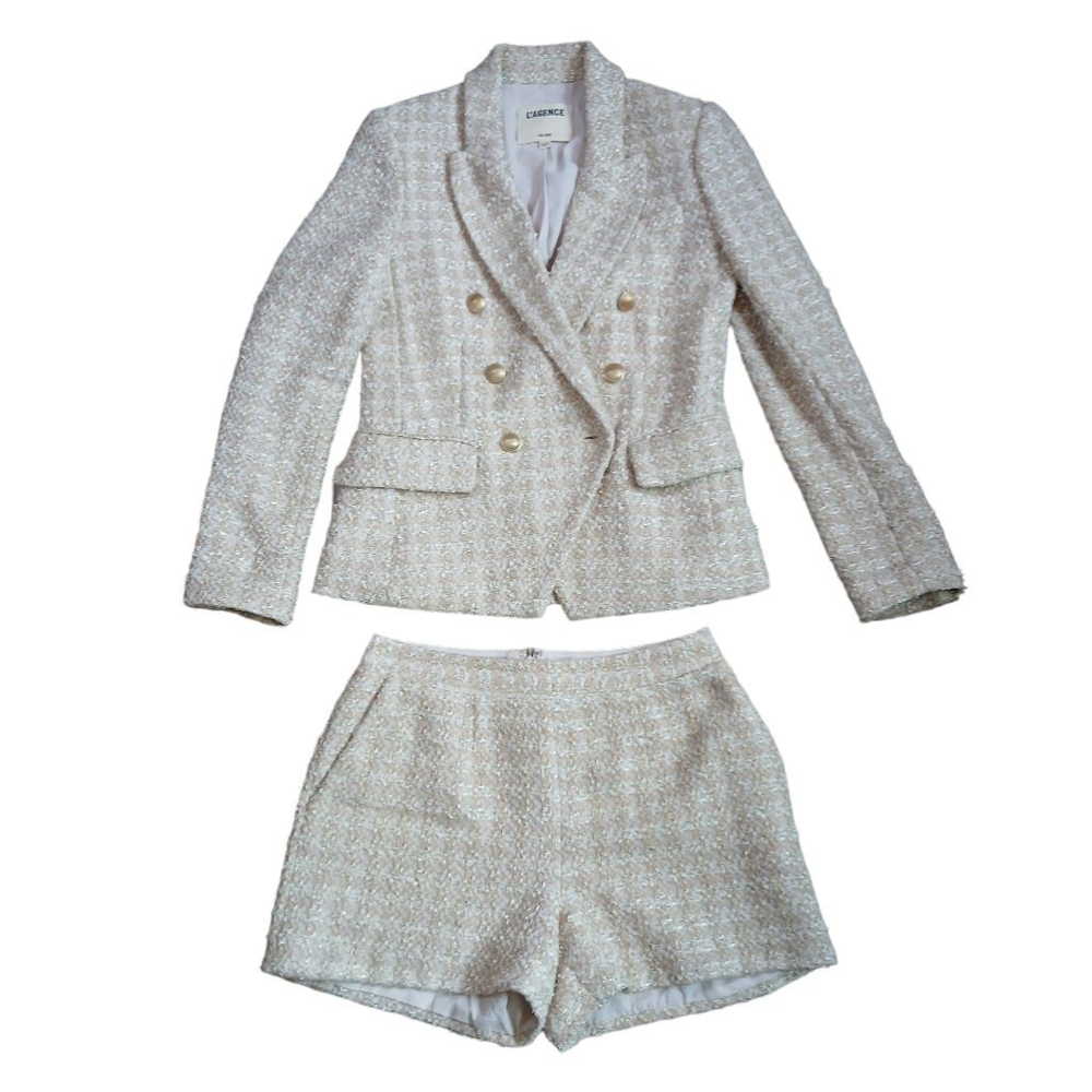 L'AGENCE Cream Tweed Double-Breasted Blazer & Shorts Set